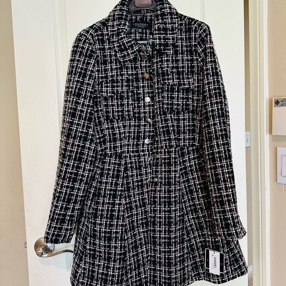 NWT Laundry by Shelli Segal Tweed Plaid Coat Jacket Fit & Flare Women Black -M